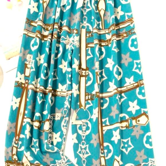 TEAL BLUE AND WHITE STARS AN BAMBOO PRINT LOUNGE PANTS O/S SILKY AND COMFY - Picture 3 of 3
